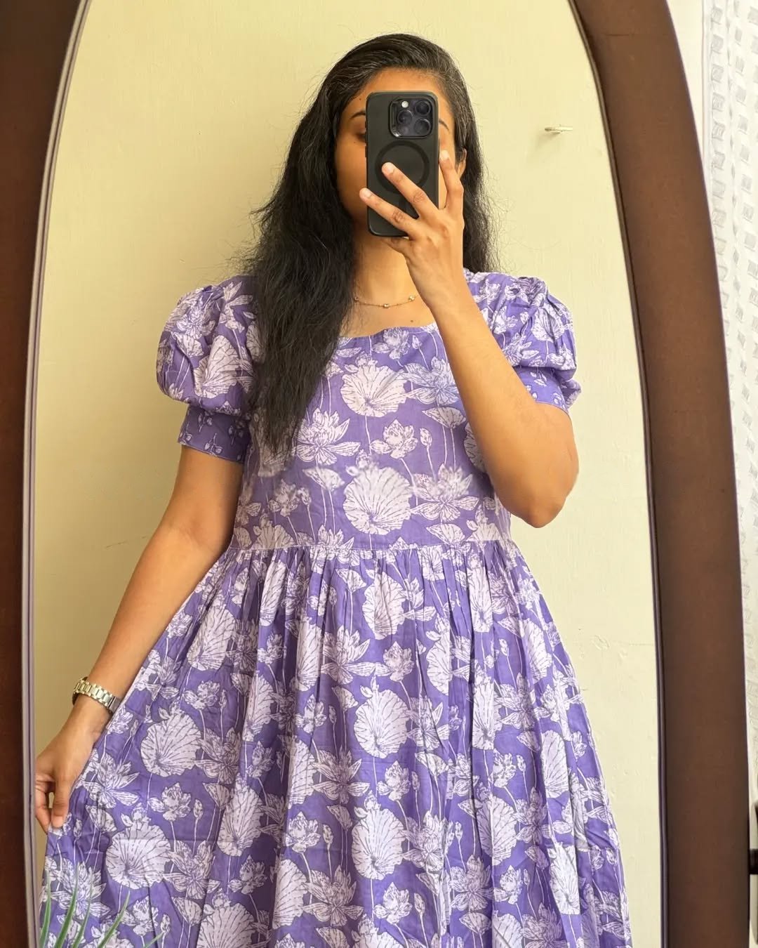 Purple Printed Cotton Midi Gown Dress